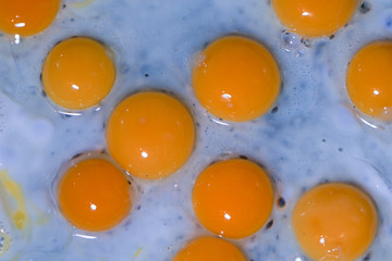 Fried quail eggs in a pan closeup. Macro.