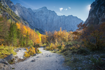 Fototapeta na wymiar Mountain Triglav in autumn from Vrata Valley, Triglav National park, Slovenia