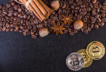 Gold Bitcoin surround by coffee bean