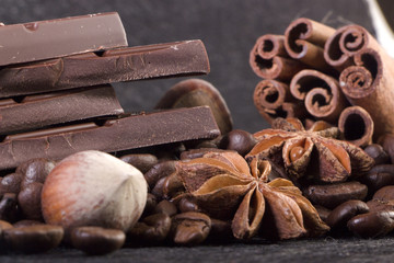 Close-up, roasted coffee seeds, tubberry, cinnamon sticks and chocolate.