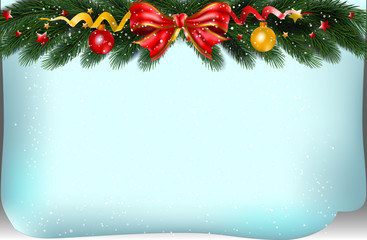 Christmas background with fir branches,bow and decoration. Vector illustration.