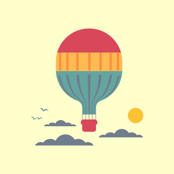 Hot air balloon in the sky with clouds. Stylized outdoor icon. Flat cartoon pop art style. Travel adventure fly concept banner template design. Simple minimal poster retro colors. Vector illustration