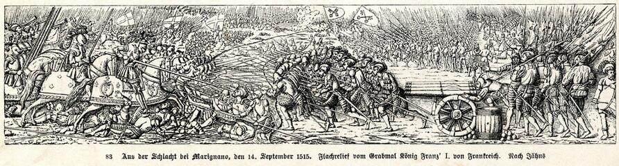 Battle of Marignano, 1515, relief from the tombstone of Francis I of France (from Spamers Illustrierte Weltgeschichte, 1894, 5[1], 163)
