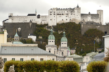 Cityscape of Salzburg with castle and cathedral in Austria