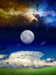 Fototapeta na wymiar Fantastic supernatural background with galaxy, comet and full moon