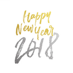 Happy New Year 2018 golden glitter calligraphy lettering font for greeting card design template. Vector hand drawn gold glitter texture text for New Year holiday postcard on white background