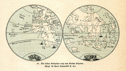 Fototapeta na wymiar Two hemispheres of Earth from Martin Behaim globe (from Spamers Illustrierte Weltgeschichte, 1894, 5[1], 181)