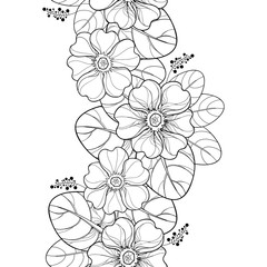 Vector seamless pattern with outline Primula or Primrose flower and leaves in black on the white background. Vertical border with Primula in contour style for spring design and coloring book.