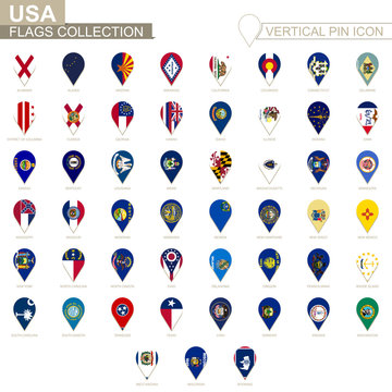 Vertical pin icon, USA states flag collection.