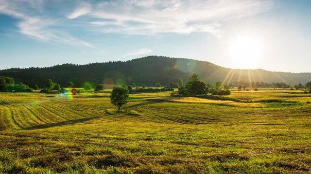 Time lapse of summer green and gold field landscape with a hill in the background and blue sky with clouds at sunset, Croatia.