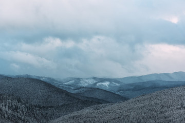 Fantastic winter landscape with snowy trees. Carpathian mountains, Ukraine, Europe. Christmas holiday background