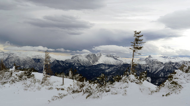 Stormy weather in the Alps in the winter by Hochkar. Beautiful landscape.