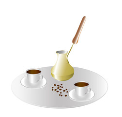 Two cups of coffee and a cezve on a tray. Vector illustration on white background.