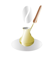 Cezve with hot coffee on a hot cooker. From Cezve there is a steam, similar to a grain of coffee.