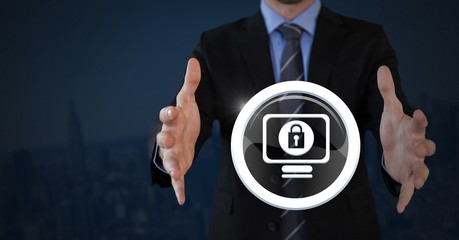 Businessman with hands palm open and security lock icon on