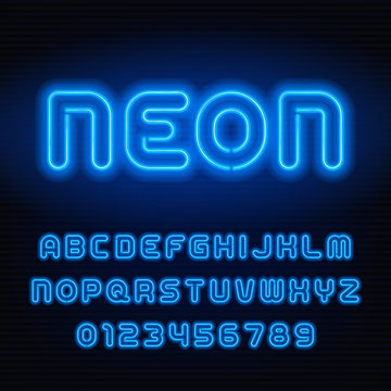 Neon tube alphabet font. Blue color letters and numbers. Stock vector typeface for your headers or any typography design.
