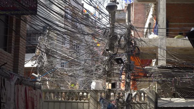 Electrical wires on electricity pylon in Kathmandu. Nepal