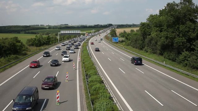 Traffic Jam caused by a construction site on the autobahn (highway) in Germany
