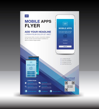 Mobile Apps Flyer template. Business brochure flyer design layout. smartphone icons mockup. application presentation. Magazine ads. Blue cover. poster. leaflet. infographics. advertisement. in A4 size