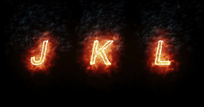 burning font j, k, l, fire word text with flame and smoke on black background, concept of fire heat alphabet decoration text