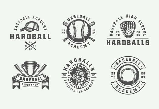 Vintage baseball sport logos, emblems, badges, marks, labels. Monochrome Graphic Art. Vector Illustration.