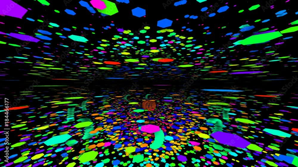 Poster flying hexahedrons. view of several levels. pulsating patterns that change color. vj background.