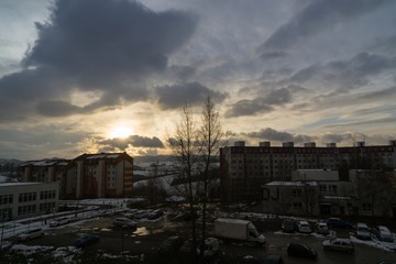 Sunset in the town during winter. Slovakia