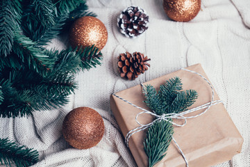 Composition with Christmas decorations fir tree on white background
