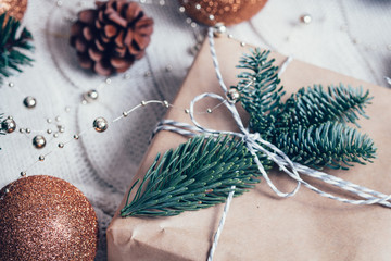 Composition with Christmas decorations fir tree on white background
