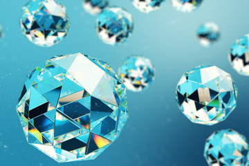 3D illustration abstract background of chaotic low poly spheres consisting of gem or diamond. Particle in dusty space. Futuristic background with depth of field effect, bokeh.