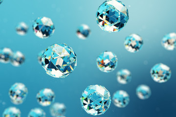 3D illustration abstract background of chaotic low poly spheres consisting of gem or diamond. Particle in dusty space. Futuristic background with depth of field effect, bokeh.