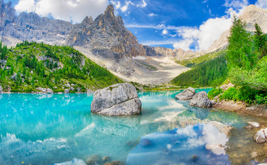 Sorapiss Lake in italian alps, Europe