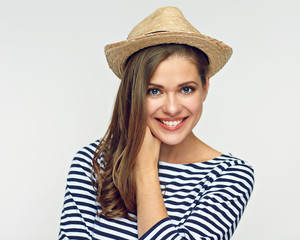 Smiling woman wearing hat isolated portrait on white