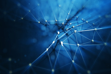 3D illustration Abstract bacgkround connection dots and lines of technology. Connection structure. Science background. Futuristic polygonal background with depth of field effect, bokeh.