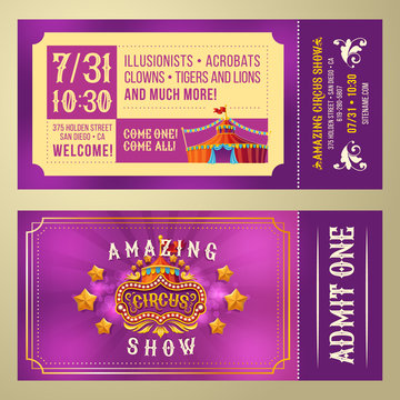 Ticket for admission to an amazing circus performance, show, invitation card, front and back, vector cartoon illustration. Purple Vintage Flyer