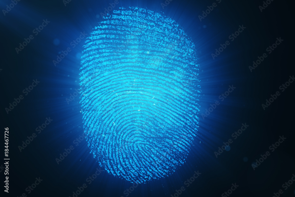 Poster 3d rendering fingerprint scanning identification system. fingerprint scan provides security access.