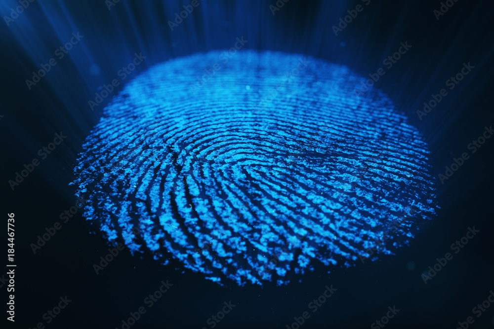 Poster 3d rendering fingerprint scanning identification system. fingerprint scan provides security access.