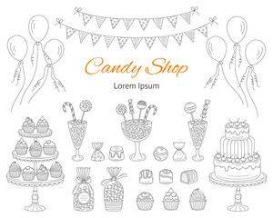 Vector illustration of Candy shop, hand drawn doodle style.