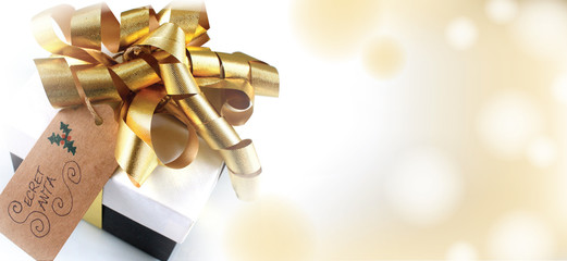 Secret Santa banner background with festive wrapped gift.