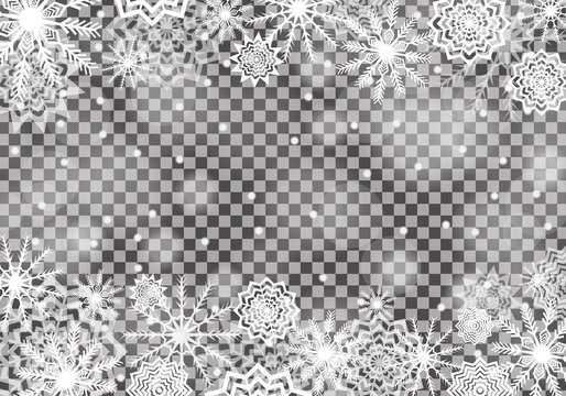 Falling Snow Transparent Background.  Snowflakes Abstract. Winter Thunder. Vector Illustration