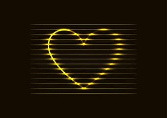 Gold yellow neon glowing lines in a heart shape on a dark background.