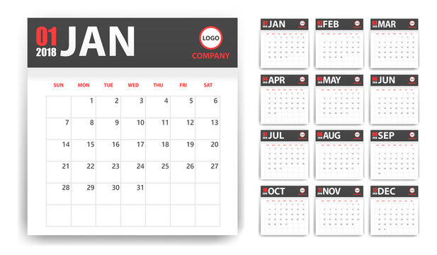 2018 calendar in paper stickers with shadow style. Grey and red. Event planner. All size. Vector illustration