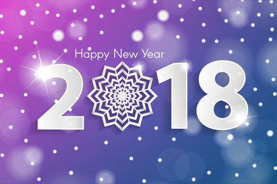 2018 greeting card concept with paper snowflake on sparkles shiny background. Vector illustration