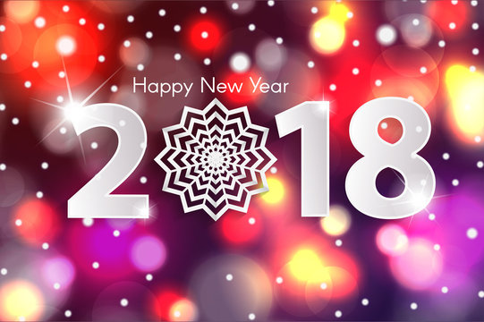 2018 greeting card concept with paper snowflake on sparkles shiny background. Vector illustration