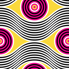 Abstract vector seamless op art pattern. Colorful disko ornament