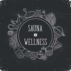 Sauna and wellness poster. Sauna accessories sketches in circle shape. Hand drawn spa items collection. Doodle sauna objects on chalkboard.