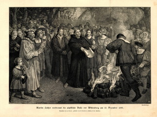 Luther burning the papal bull, 10 December 1520; Karl Ludwig Bernard Christian Buckhorn, after Franz Ludwig Catel (from Spamers Illustrierte Weltgeschichte, 1894, 5[1], 216/217)