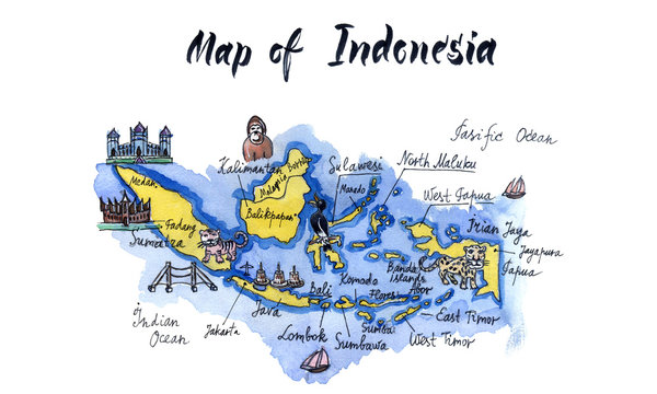 Map of attractions of Indonesia, watercolor hand drawn, illustration