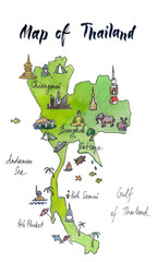 Map of attractions of Thailand, watercolor hand drawn, illustration