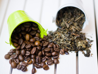 Coffee beans and green tea leaves